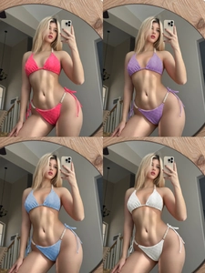 Women Bikini Top And Bottom Waffle Textured Halter Triangle Tie Side With Artificial Pearl Beaded Straps Sexy Elegant Swimwear