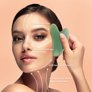 Green jade gua sha tool set for facial and neck massage with usage technique guide