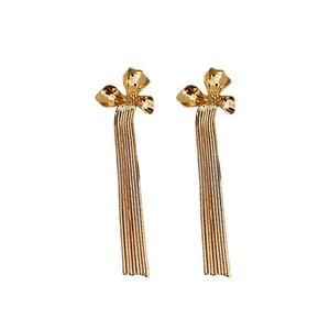 Elegant gold plated floral tassel earrings with long multi-strand metallic chains
