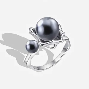 Irregular Geometric Shell Artificial Pearl Open Ring S925 Sterling Silver Adjustable Double Artificial Pearl Jewelry Elegant Style For Women