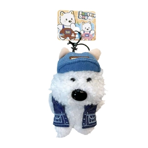 Porte-clés mignon en peluche Westie avec tenue en denim chapeau et gilet bleu