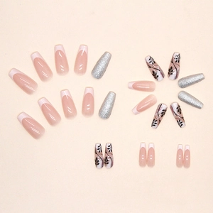 Sparkling pink French tip and silver glitter long coffin press-on nails with leaf art