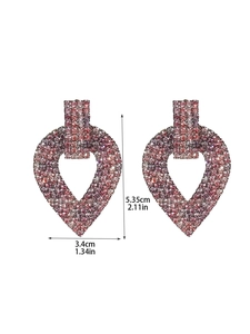 Detail view of pink heart tassel earrings with dimensions 5.35cm height and 3.4cm width