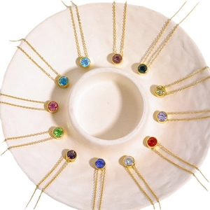 Minimalist stainless steel necklaces with round colorful birthstone pendants for women