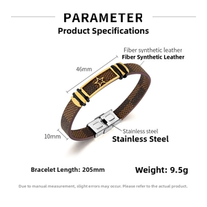 Macro detail of men's checkered leather bracelet with gold star metal plate and buckle