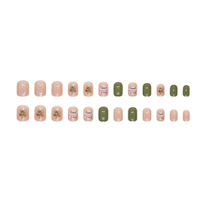 24pcs short square press-on nails in olive green and pink with Good Luck clover patterns