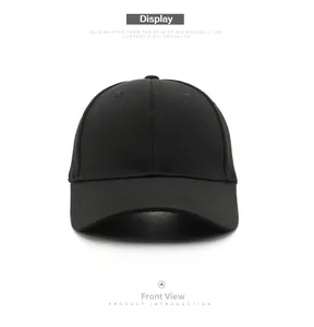 Front display of a minimalist black cotton baseball cap with a classic curved brim design