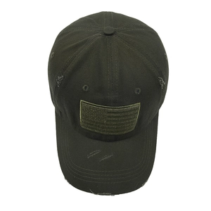 Army green baseball cap with distressed US flag patch and vintage washed cotton finish