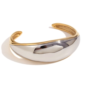 Minimalist dual-tone polished 18K gold and silver plated stainless steel cuff bracelet