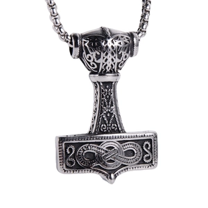 Nordic Viking Thor's Hammer Mjolnir pendant in antique silver with stainless steel chain