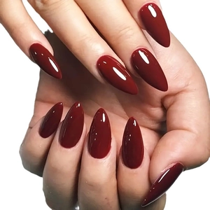 Glossy almond wine red press-on nails set with 24 pieces of high-shine finish