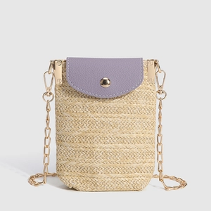 Straw vertical phone bag with purple leather flap and gold chain strap for summer