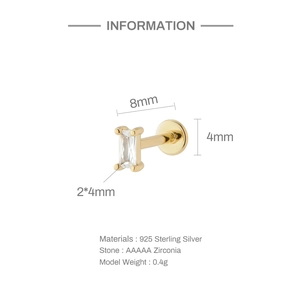 Macro detail of S925 sterling silver ear stud with 2x4mm rectangular zircon and 8mm labret bar
