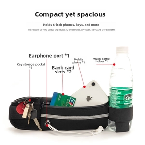 Detail view of sports waist pack with card slots, headphone hole, and bottle holder