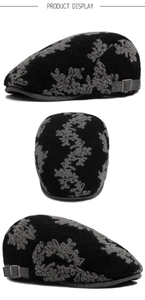 Detailed views of cotton jacquard beret with snowflake patterns and adjustable metal buckle