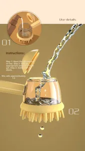 Detail of pet silicone bath brush with soap dispenser and 1:9 dilution instruction