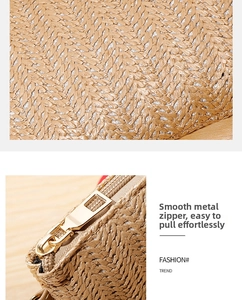 Detail of straw woven texture with silver glitter threads and smooth gold metal zipper