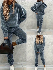 Three-way view of women's blue velvet tracksuit set featuring a drawstring hoodie and joggers