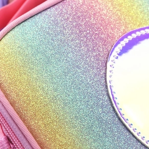 Rainbow glitter insulated lunch bag with holographic patch and pink zipper detail