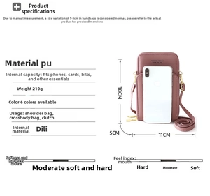 Pink PU leather crossbody phone bag detailed specifications and dimensions on white background