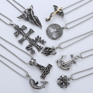 Men's hip hop silver necklaces featuring skull, grim reaper, and gothic cross pendants