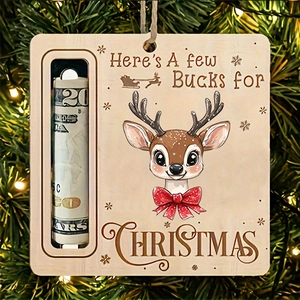 Detail of wooden reindeer Christmas money holder ornament with festive snowflake patterns