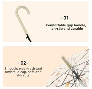 Detail of cream J-shaped handle and rounded top of transparent cat and dog print umbrella