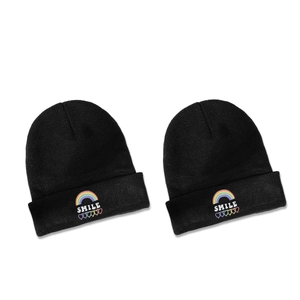 Bonnet noir en tricot pour femme avec broderie arc-en-ciel smile et cœur