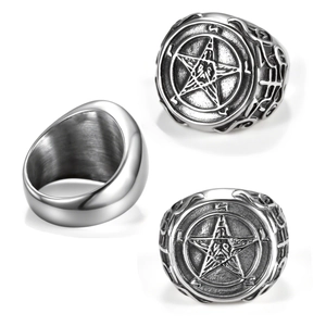 Chevalière Pentagramme Baphomet Pour Homme Acier Inoxydable Style Punk Gothique Rétro Couleur Argent Poli Oxydé Bijoux
