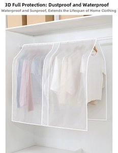 Detail of translucent PEVA garment bag showing the durable white piping and top hanger opening