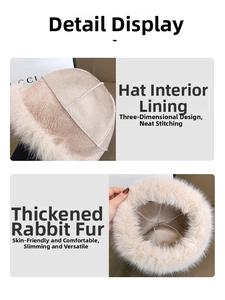 Detail of plush beige faux fur winter hat with thick lining and neat stitching craftsmanship