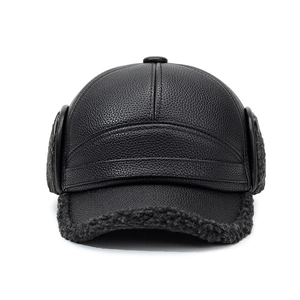 Winter black leather aviator hat for men with fleece lining and warm earflaps