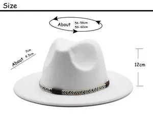 Size guide for white wool felt fedora showing crown height and brim width measurements