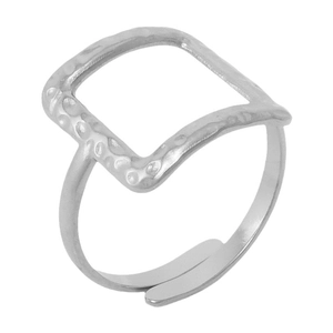 Polished silver stainless steel ring with hammered square top and adjustable open band