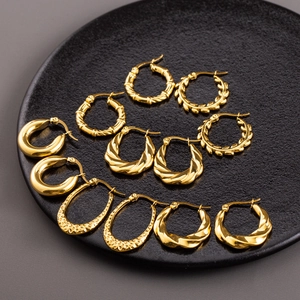 Stainless Steel 18K Gold Plated Hoop Earrings Geometric Twisted Hammered French Vintage Fashion Jewelry For Women