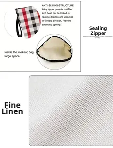 Detail of plaid makeup bag showing the linen fabric texture and smooth alloy zipper closure