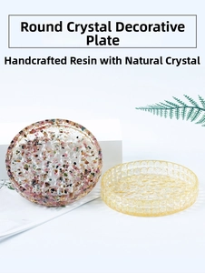 Detail view of handmade crystal resin storage trays with colorful crushed natural stones