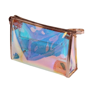 Holographic laser makeup bag with rose gold zipper and handle on white background