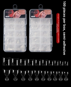 Detailed view of 100pcs clear French style false nail tips in 10 sizes with storage box