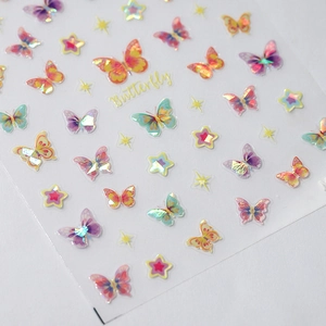 Stickers ongles papillon 3D holographiques avec reflets laser colorés et étoiles