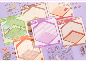 Detailed view of miniature scene 3D stickers featuring library and playground themes