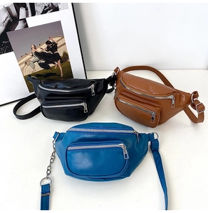 Detailed comparison of three fashion PU leather fanny packs in black, brown and blue colors