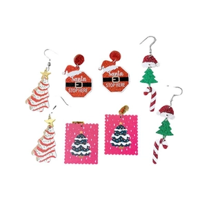 Christmas acrylic drop earrings set featuring Santa signs and glitter trees