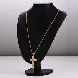 Men's fashion gold stainless steel double cross pendant necklace on a black mannequin