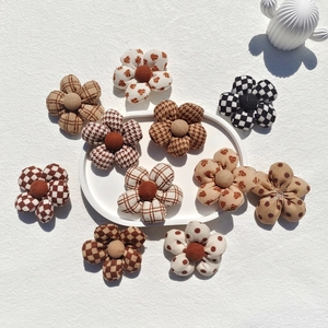 Padded Fabric Flowers DIY Cloth Charms For Hair Accessories Clothing Decor Houndstooth Checkerboard Vintage Style