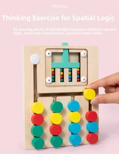 Close-up of wooden logic game showing hand moving colorful slides for child development
