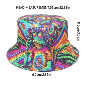 Size specifications for psychedelic frog bucket hat showing head circumference and brim