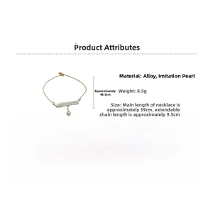 Detailed view of double-layer faux pearl necklace with gold chain and dimensions