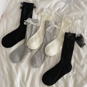 Women Lolita Crew Socks Cotton Ribbed Sweet Bowknot Lace Trim Mesh Breathable Mid Calf Hosiery For Girls