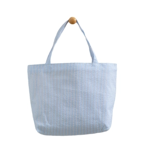 Light blue and white striped tote bag with large capacity in a minimalist retro style
